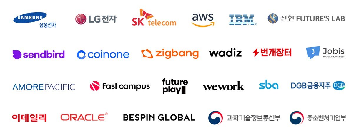 로켓펀치 고객·파트너 로고: 삼성전자, LG전자, SK텔레콤, AWS, IBM, 신한퓨처스랩, 센드버드, 코인원, 직방, 와디즈, 번개장터, 아모레퍼시픽, 패스트캠퍼스, 위워크, 오라클, 과학기술정보통신부, 중소벤처기업부 등