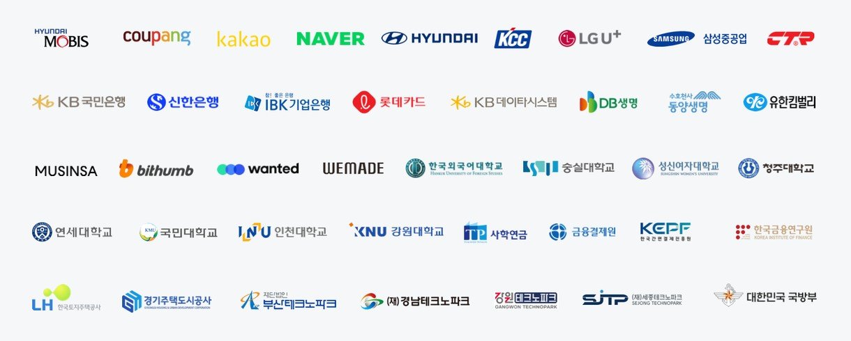 코드스테이츠 고객사 로고: 현대모비스, 쿠팡, 카카오, 네이버, 현대자동차, KCC, LG U+, 삼성중공업, KB국민은행, 신한은행, IBK기업은행, 롯데카드, 무신사, 빗썸, 원티드, 위메이드, 연세대학교, 대한민국 국방부 등